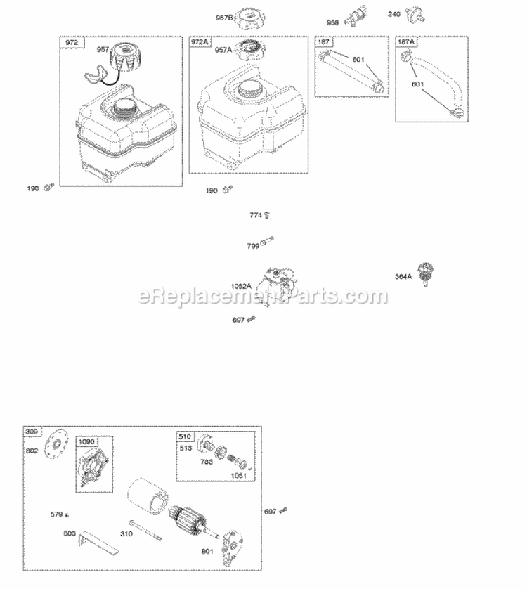 Electric Starter Fuel Supply Diagram and Parts List for 210332-0036-E9  Briggs and Stratton Engine